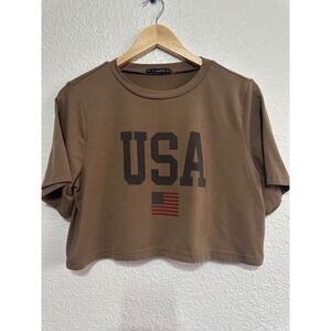 Zaful USA American Flag Graphic Crop Top Brown Girls Kids Size XL